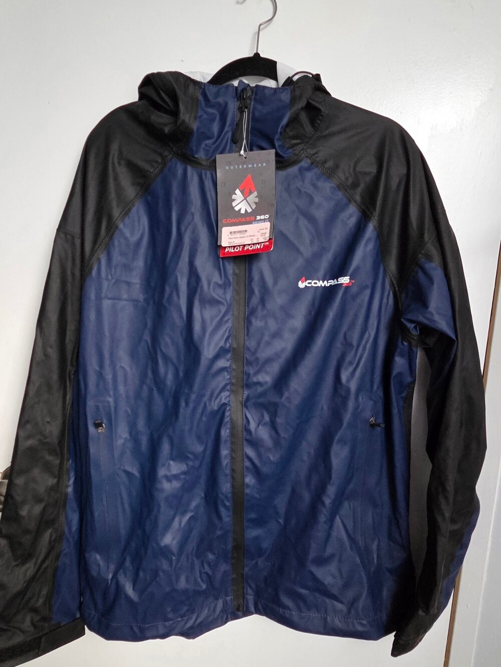Compass 360 Mens Size Large Blue Black Hooded Waterproof Zip Rain Jacket NWT